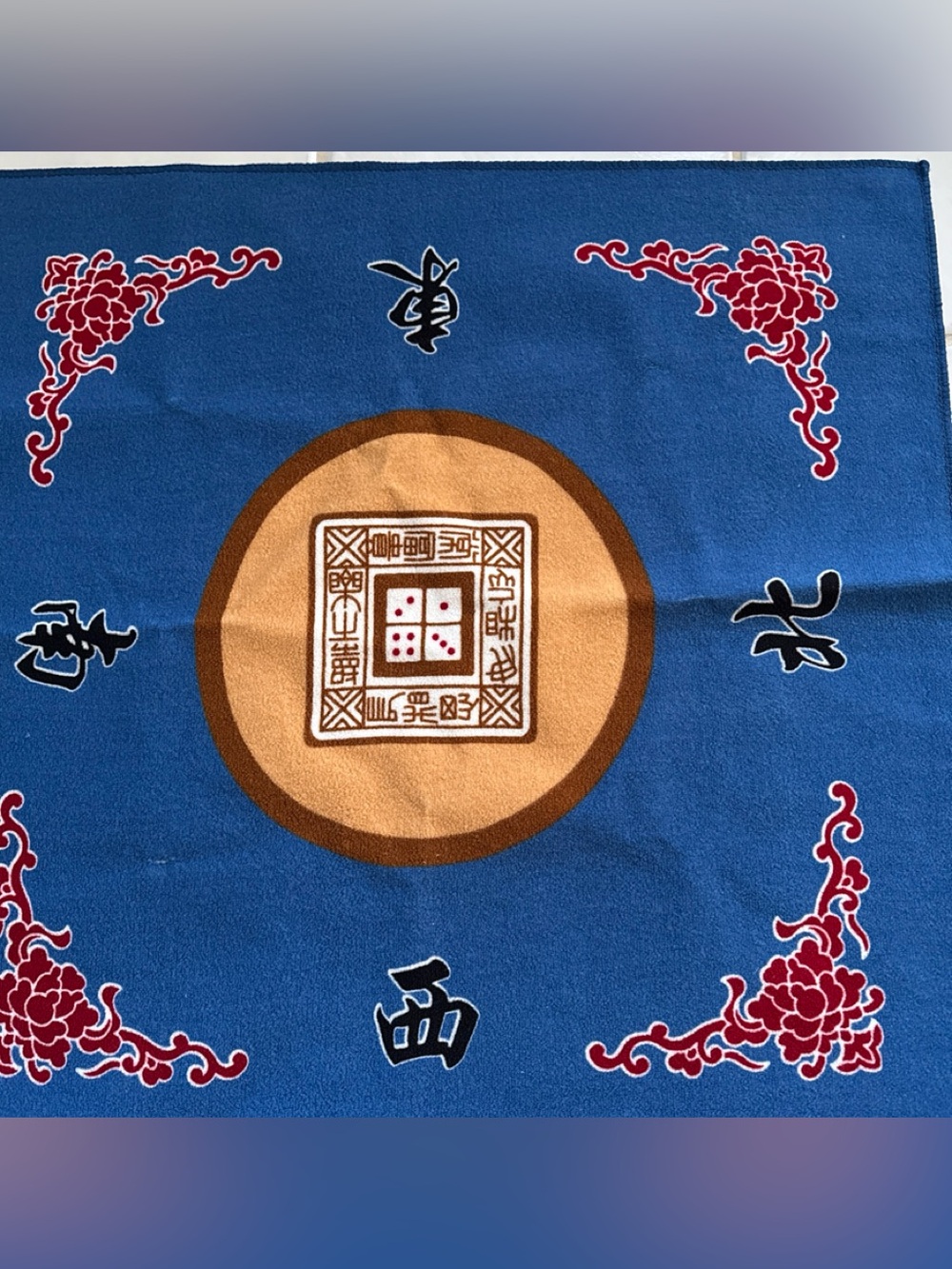 Blue Floral Mahjong Table Cover with Tan Center